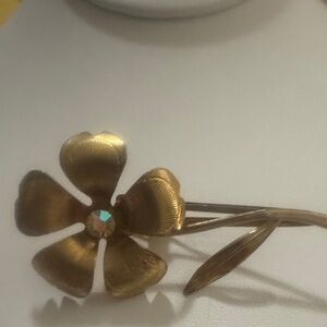 Gold Flower Hair Clip with Rhinestone Center - Women Jewelry